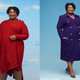 Left: Sansovino 6 poncho and dress; Right: Sergio Hudson coat dress; Tiffany & Co. earrings and necklace; Kahmune shoes
